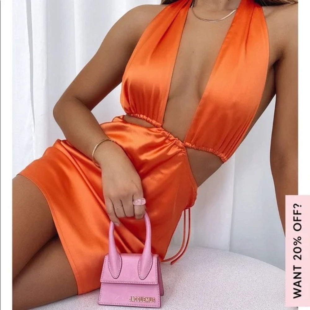 White Fox Boutique Orange Satin Halter Mini Dress
